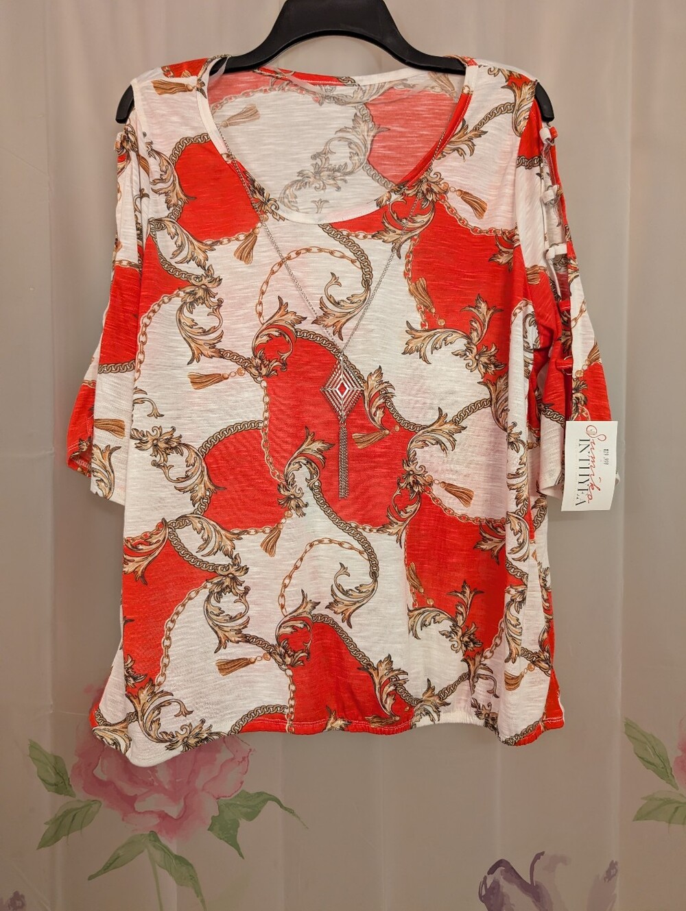 Women's Pink & White Printed Scoop Neck Top